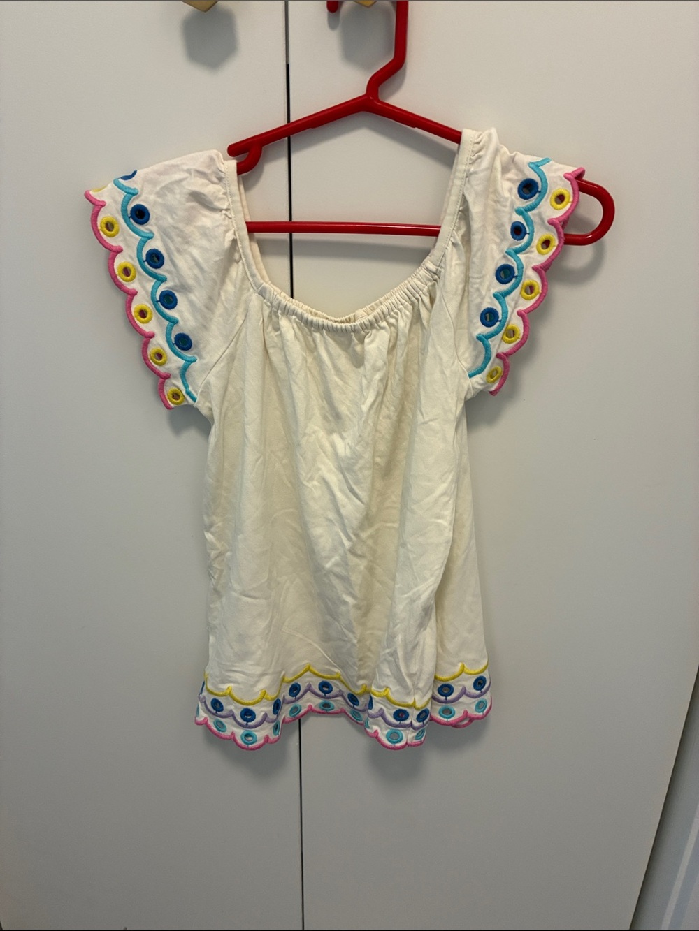 Mini Boden White Flutter Sleeve Embroidered Tunic with Pink, Blue, Yellow Trim